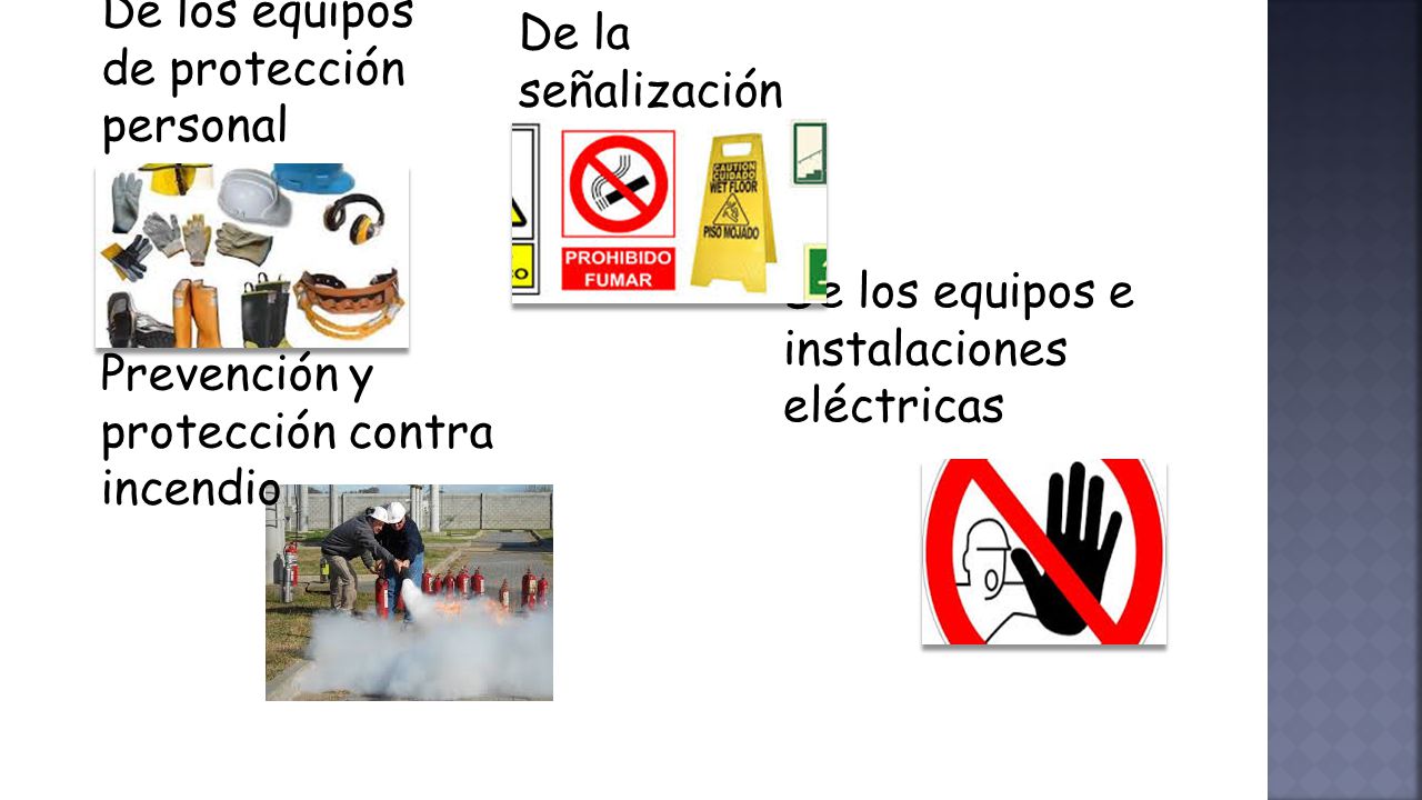 De la señalización De los equipos de protección personal. De los equipos e instalaciones eléctricas.