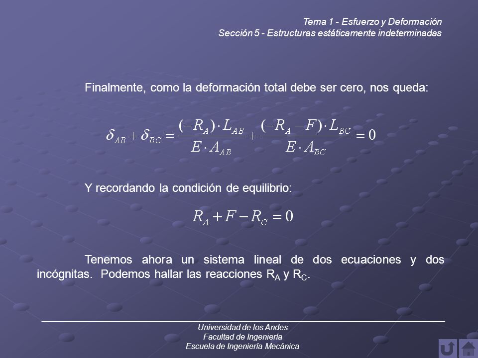 Finalmente, como la deformación total debe ser cero, nos queda: