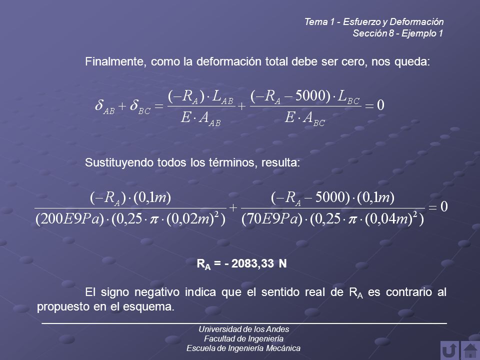 Finalmente, como la deformación total debe ser cero, nos queda: