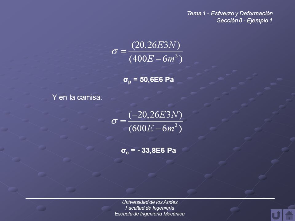 σp = 50,6E6 Pa Y en la camisa: σc = - 33,8E6 Pa