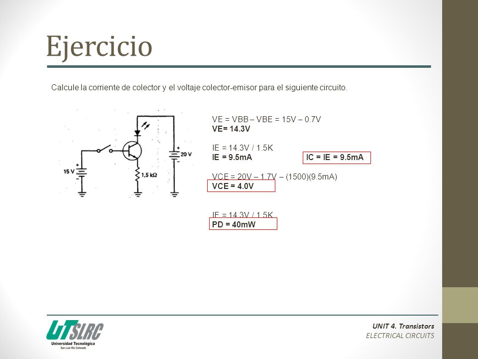 Ejercicio Calcule la corriente de colector y el voltaje colector-emisor para el siguiente circuito.