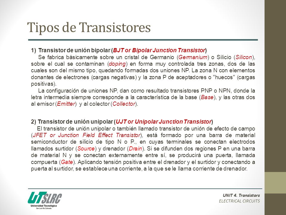 Tipos de Transistores Transistor de unión bipolar (BJT or Bipolar Junction Transistor)