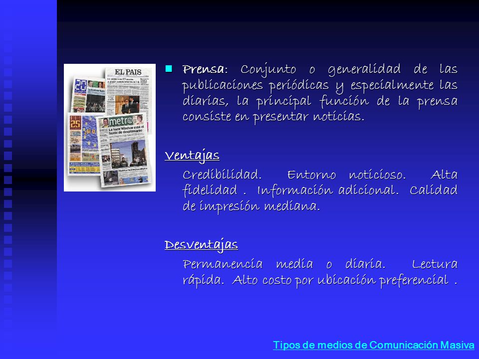 Prensa: Conjunto o generalidad de las publicaciones periódicas y especialmente las diarias, la principal función de la prensa consiste en presentar noticias.