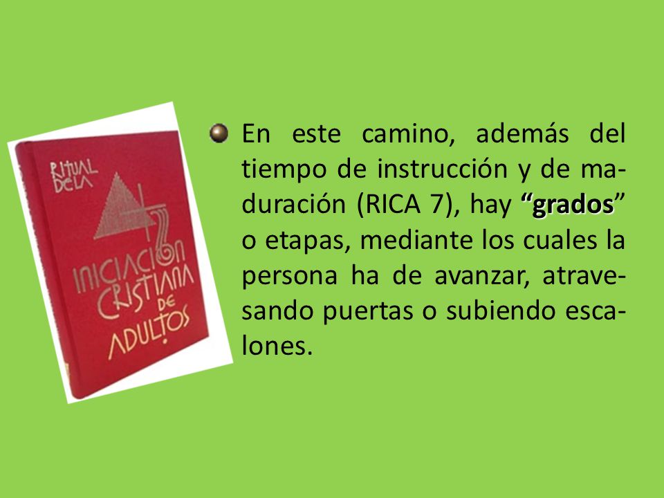 En este camino, además del tiempo de instrucción y de ma-duración (RICA 7), hay grados o etapas, mediante los cuales la persona ha de avanzar, atrave-sando puertas o subiendo esca-lones.