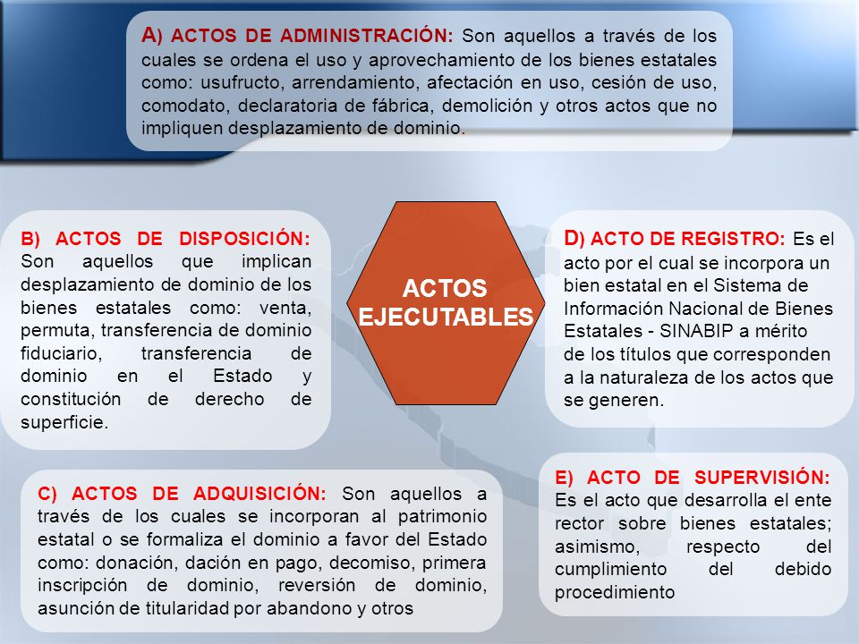 A) ACTOS DE ADMINISTRACIÓN: Son aquellos a través de los cuales se ordena el uso y aprovechamiento de los bienes estatales como: usufructo, arrendamiento, afectación en uso, cesión de uso, comodato, declaratoria de fábrica, demolición y otros actos que no impliquen desplazamiento de dominio.