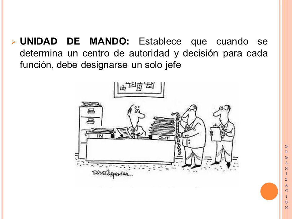 UNIDAD DE MANDO: Establece que cuando se determina un centro de autoridad y decisión para cada función, debe designarse un solo jefe