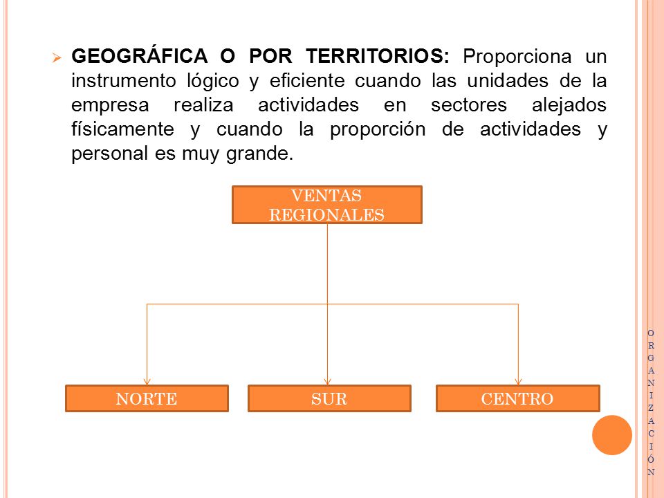 GEOGRÁFICA O POR TERRITORIOS: Proporciona un instrumento lógico y eficiente cuando las unidades de la empresa realiza actividades en sectores alejados físicamente y cuando la proporción de actividades y personal es muy grande.
