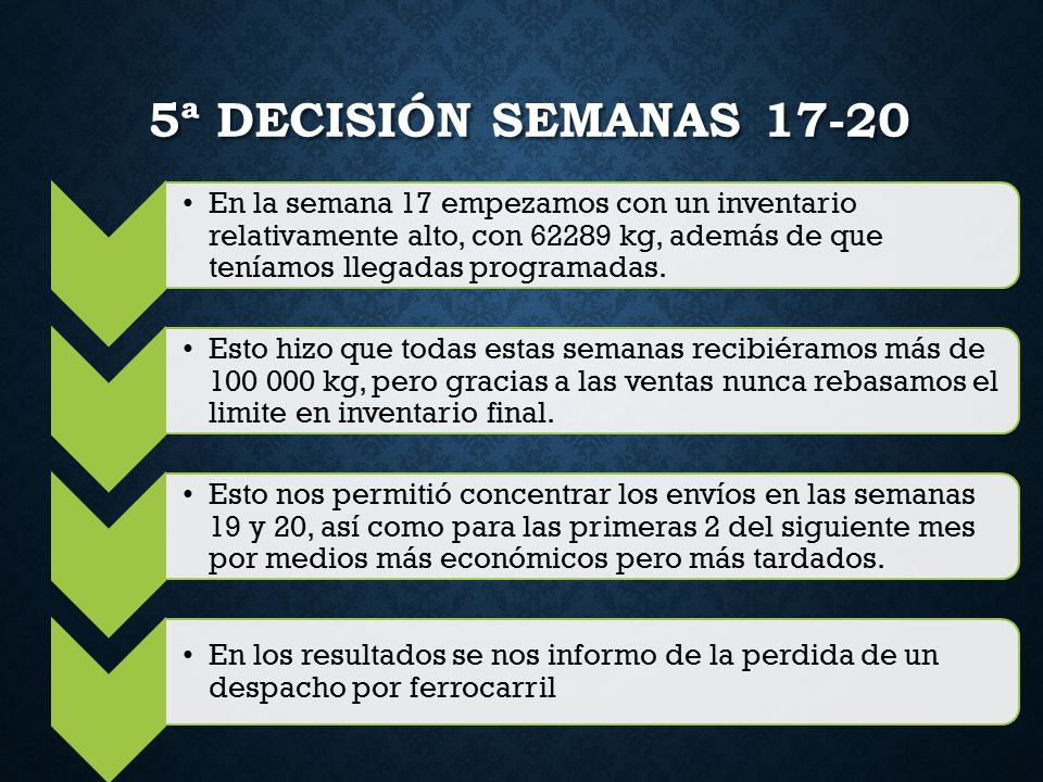 5ª Decisión Semanas En la semana 17 empezamos con un inventario relativamente alto, con kg, además de que teníamos llegadas programadas.