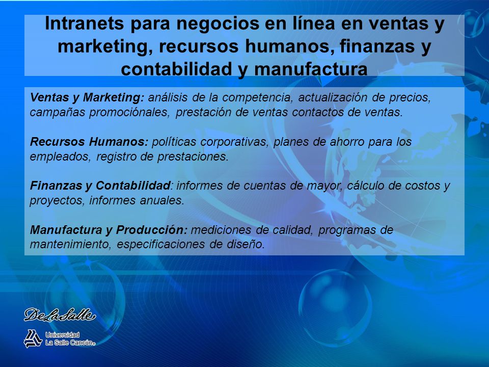 lntranets para negocios en línea en ventas y marketing, recursos humanos, finanzas y contabilidad y manufactura