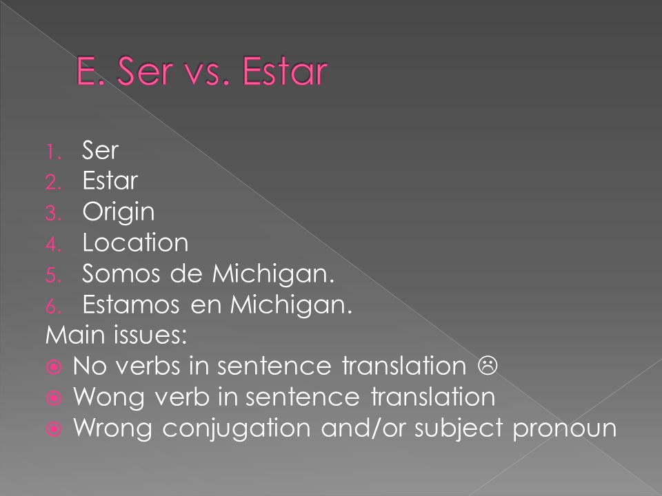E. Ser vs. Estar Ser Estar Origin Location Somos de Michigan.