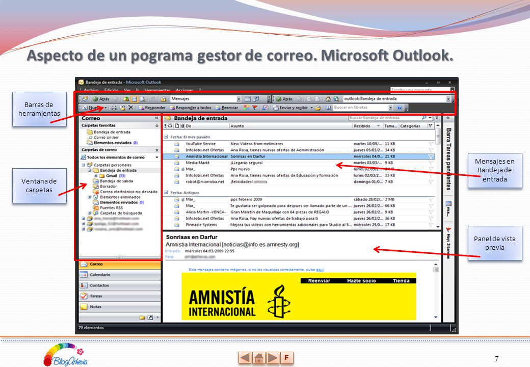 Aspecto de un pograma gestor de correo. Microsoft Outlook.