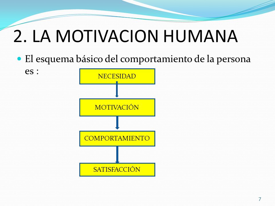 2. LA MOTIVACION HUMANA El esquema básico del comportamiento de la persona es : NECESIDAD. MOTIVACIÓN.