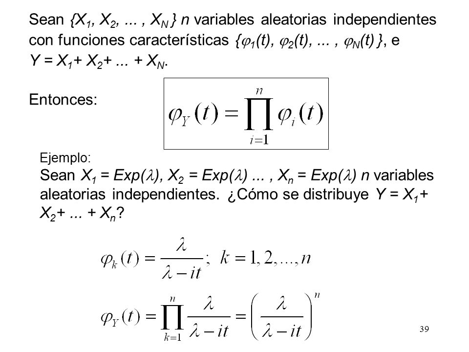 Sean {X1, X2, ... , XN } n variables aleatorias independientes con funciones características {1(t), 2(t), ... , N(t) }, e