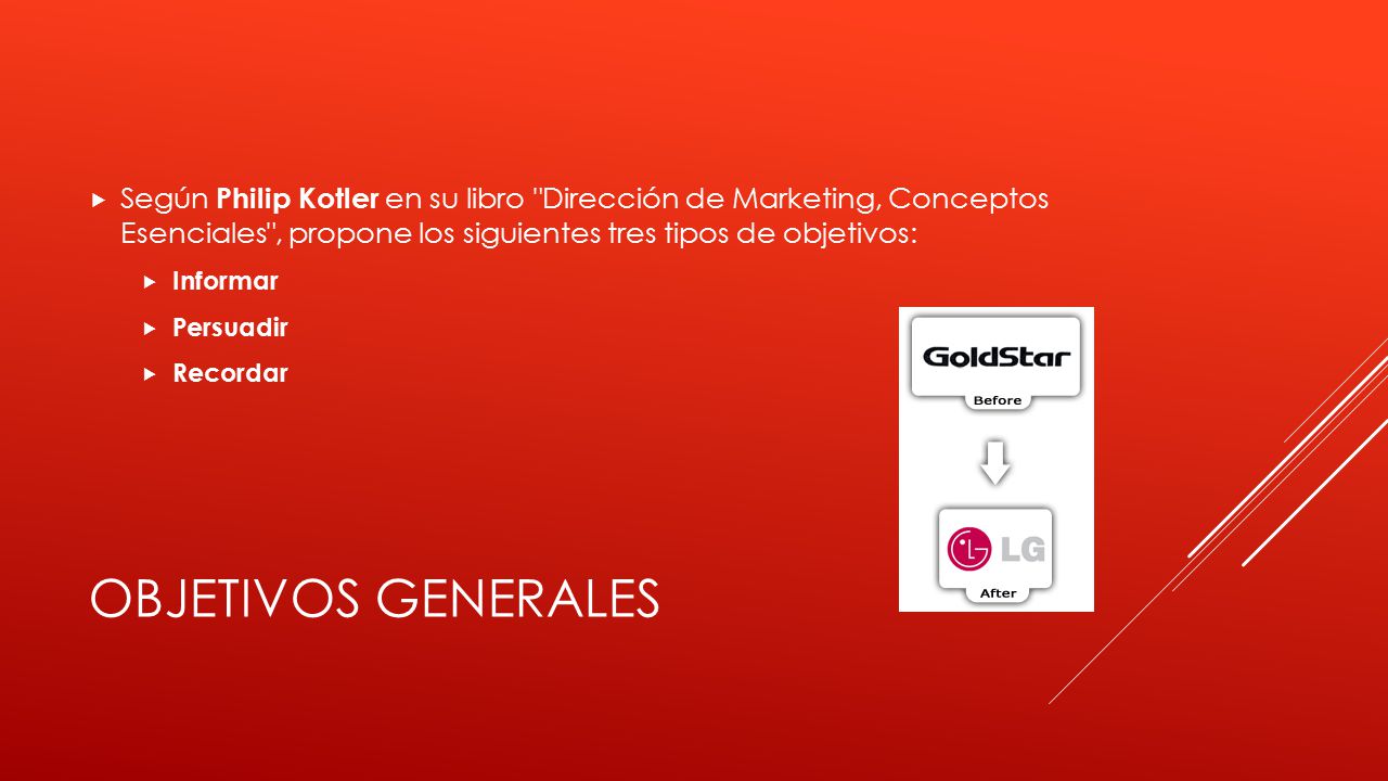 Según Philip Kotler en su libro Dirección de Marketing, Conceptos Esenciales , propone los siguientes tres tipos de objetivos: