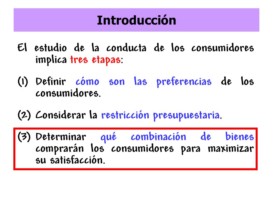 Introducción El estudio de la conducta de los consumidores implica tres etapas: Definir cómo son las preferencias de los consumidores.