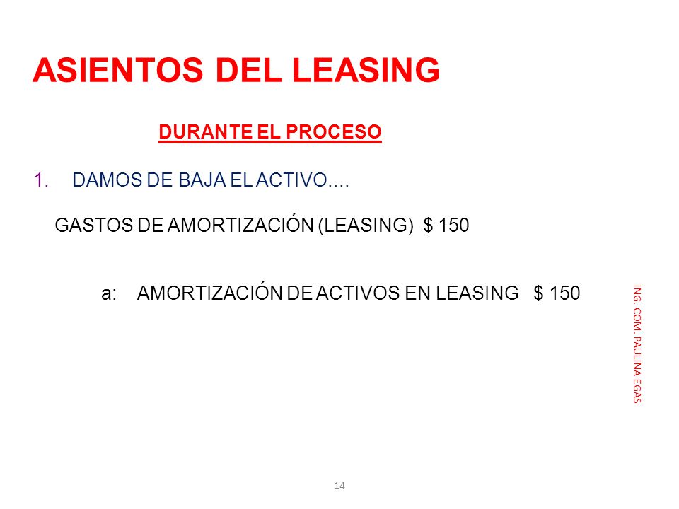 ASIENTOS DEL LEASING DURANTE EL PROCESO DAMOS DE BAJA EL ACTIVO....