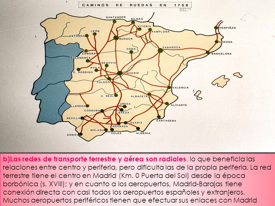 b)Las redes de transporte terrestre y aérea son radiales, lo que beneficia las relaciones entre centro y periferia, pero dificulta las de la propia periferia.