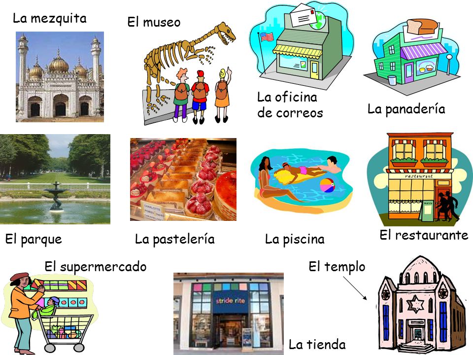 La mezquita El museo. La oficina de correos. La panadería. El restaurante. El parque. La pastelería.