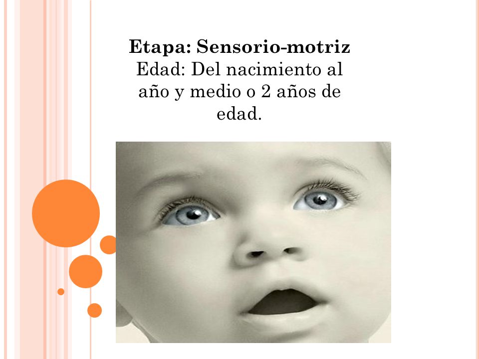 Etapa: Sensorio-motriz Edad: Del nacimiento al año y medio o 2 años de edad.
