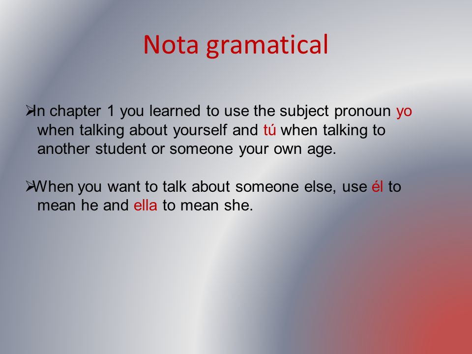 Nota gramatical In chapter 1 you learned to use the subject pronoun yo