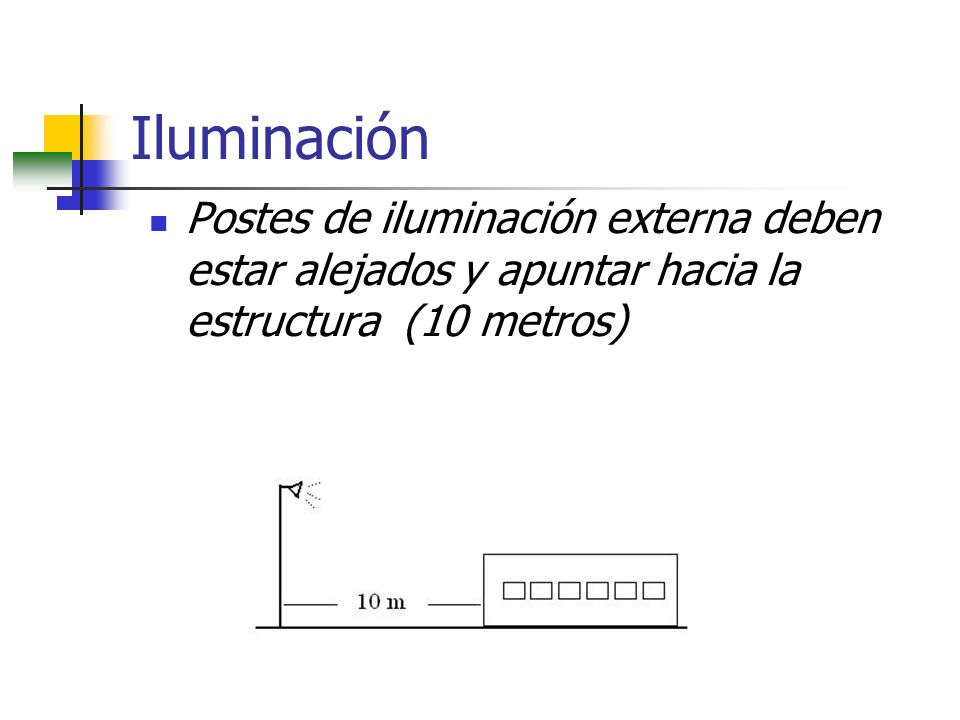 Iluminación Postes de iluminación externa deben estar alejados y apuntar hacia la estructura (10 metros)