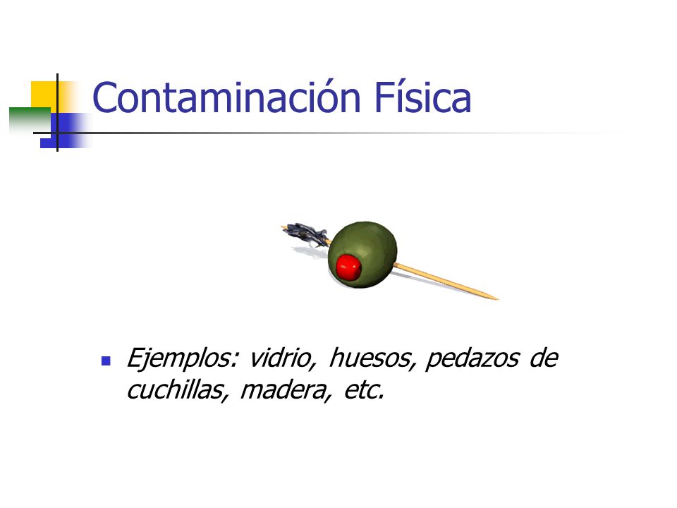Contaminación Física Ejemplos: vidrio, huesos, pedazos de cuchillas, madera, etc.