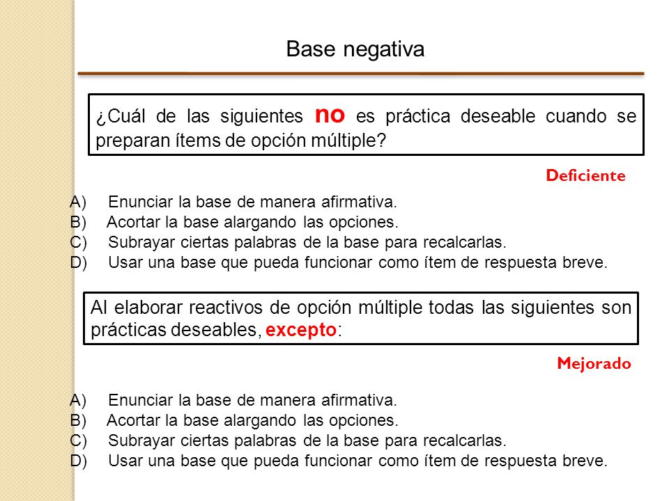 Base negativa ¿Cuál de las siguientes no es práctica deseable cuando se preparan ítems de opción múltiple