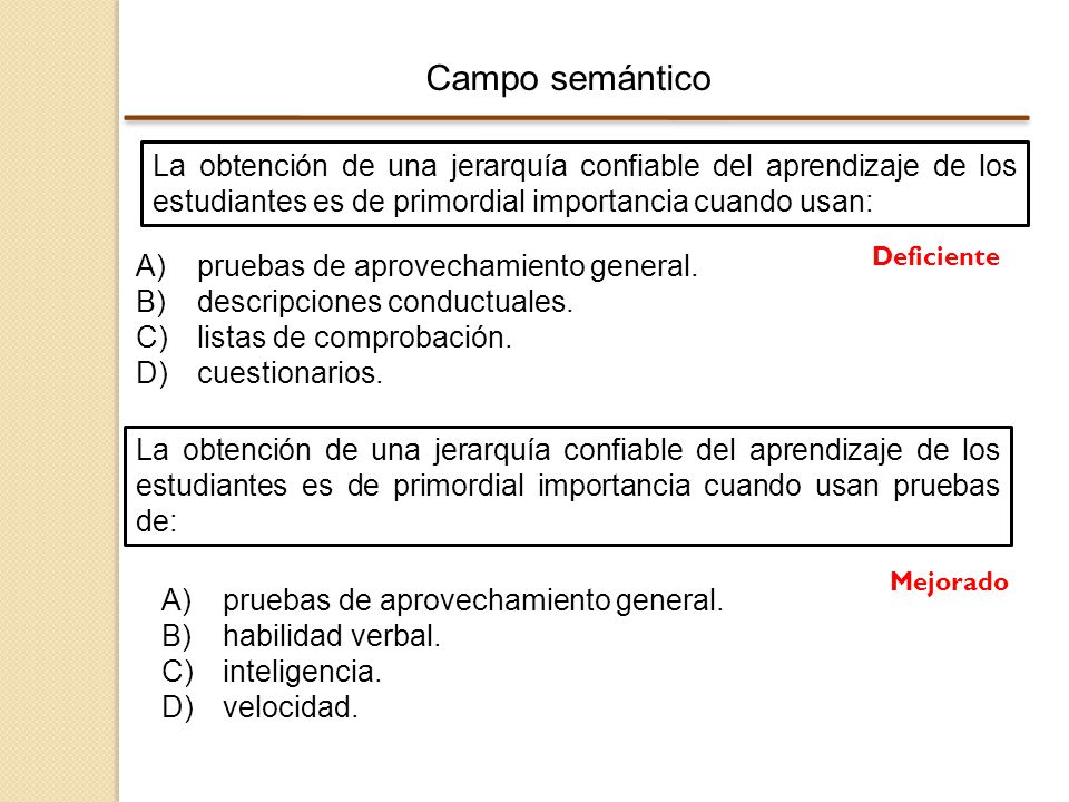 Campo semántico La obtención de una jerarquía confiable del aprendizaje de los estudiantes es de primordial importancia cuando usan:
