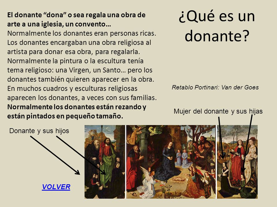 El donante dona o sea regala una obra de arte a una iglesia, un convento…