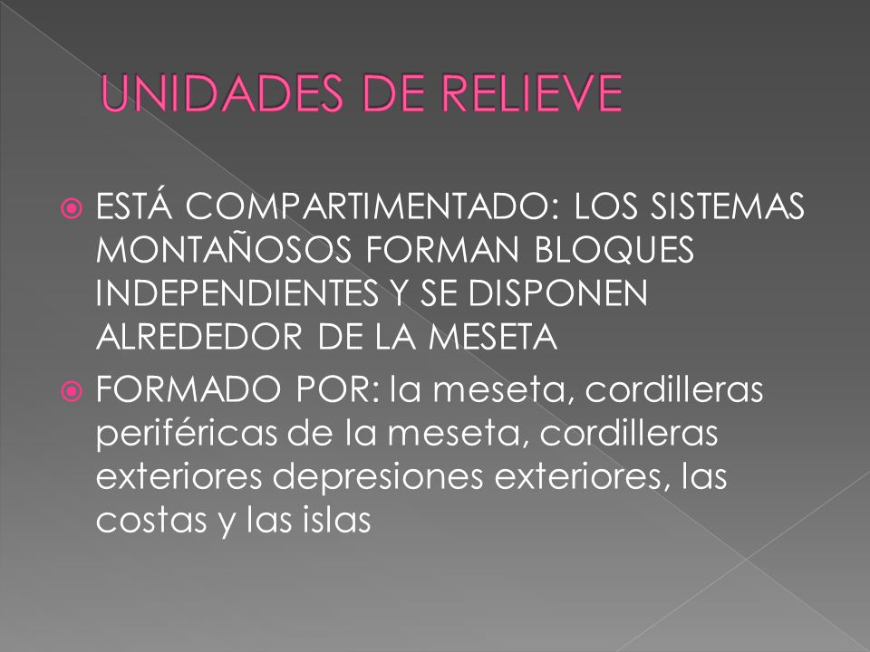 UNIDADES DE RELIEVE ESTÁ COMPARTIMENTADO: LOS SISTEMAS MONTAÑOSOS FORMAN BLOQUES INDEPENDIENTES Y SE DISPONEN ALREDEDOR DE LA MESETA.