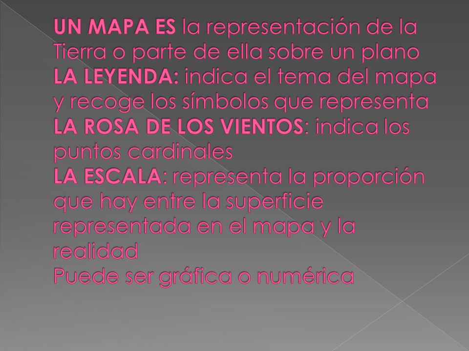 UN MAPA ES la representación de la Tierra o parte de ella sobre un plano LA LEYENDA: indica el tema del mapa y recoge los símbolos que representa LA ROSA DE LOS VIENTOS: indica los puntos cardinales LA ESCALA: representa la proporción que hay entre la superficie representada en el mapa y la realidad Puede ser gráfica o numérica