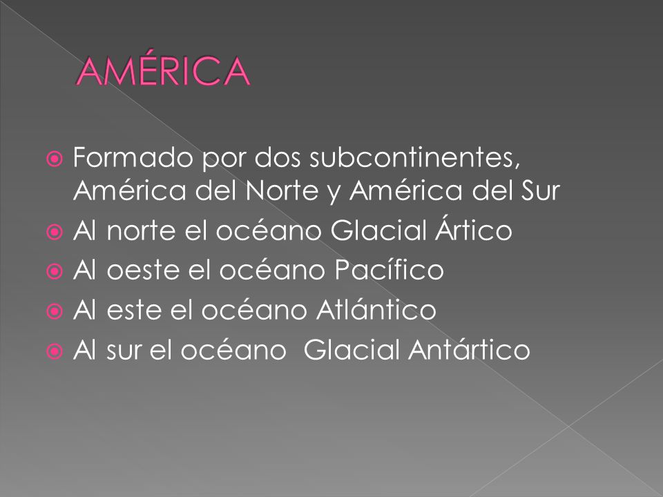 AMÉRICA Formado por dos subcontinentes, América del Norte y América del Sur. Al norte el océano Glacial Ártico.