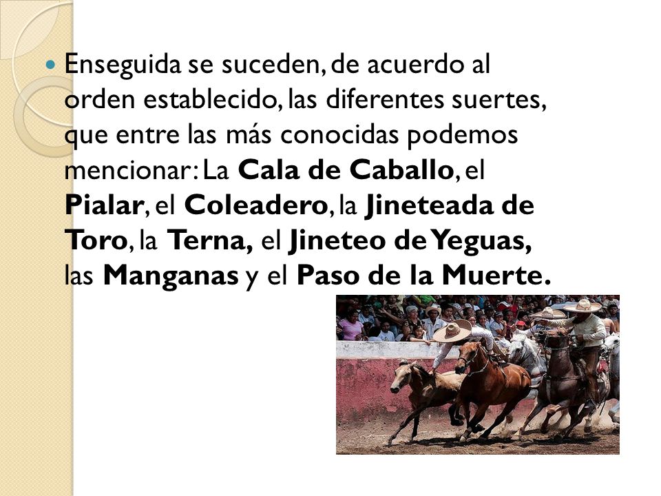 Enseguida se suceden, de acuerdo al orden establecido, las diferentes suertes, que entre las más conocidas podemos mencionar: La Cala de Caballo, el Pialar, el Coleadero, la Jineteada de Toro, la Terna, el Jineteo de Yeguas, las Manganas y el Paso de la Muerte.