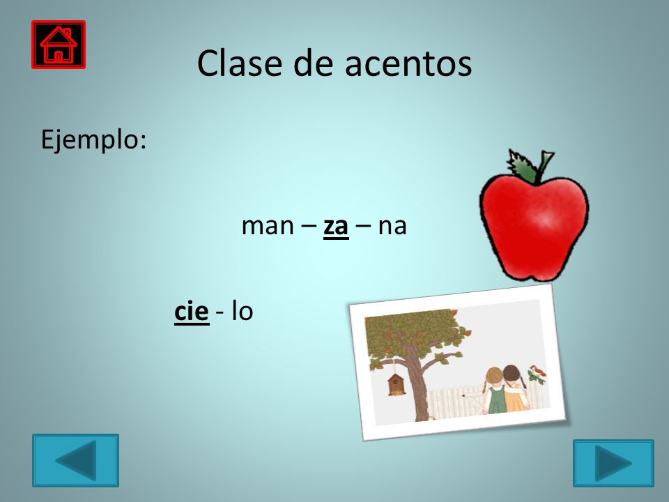 Clase de acentos Ejemplo: man – za – na cie - lo