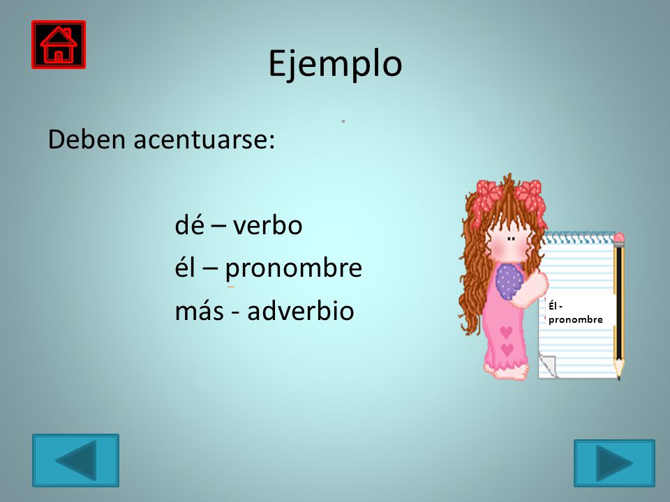 Ejemplo Deben acentuarse: dé – verbo él – pronombre más - adverbio