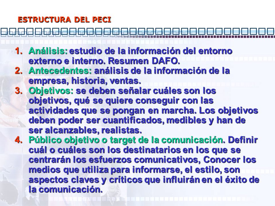 ESTRUCTURA DEL PECI Análisis: estudio de la información del entorno externo e interno. Resumen DAFO.