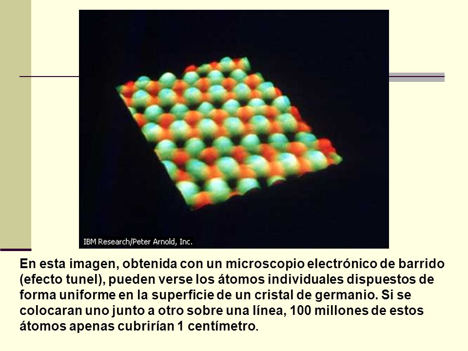 En esta imagen, obtenida con un microscopio electrónico de barrido (efecto tunel), pueden verse los átomos individuales dispuestos de forma uniforme en la superficie de un cristal de germanio.
