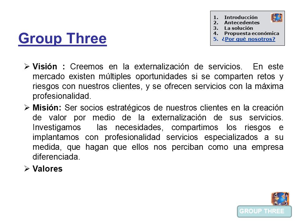 Introducción Antecedentes. La solución. Propuesta económica. 5. ¿Por qué nosotros Group Three.