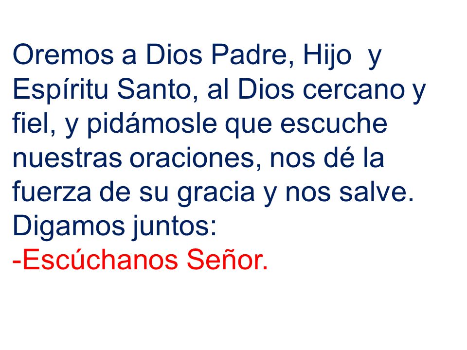 Oremos a Dios Padre, Hijo y Espíritu Santo, al Dios cercano y fiel, y pidámosle que escuche nuestras oraciones, nos dé la fuerza de su gracia y nos salve. Digamos juntos: