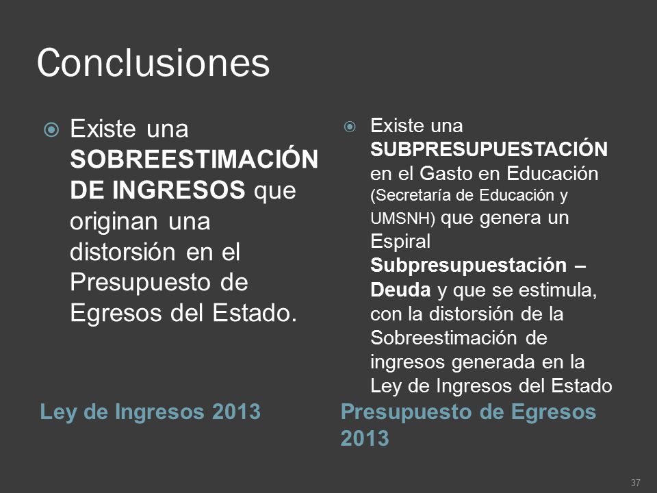 Conclusiones Existe una SOBREESTIMACIÓN DE INGRESOS que originan una distorsión en el Presupuesto de Egresos del Estado.