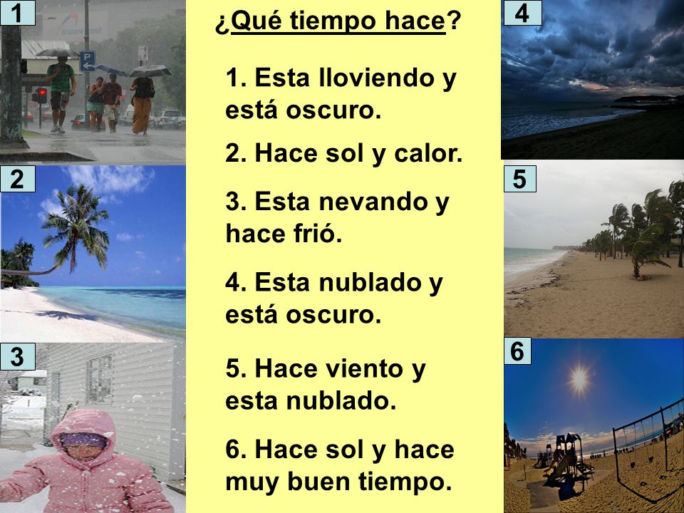 1 ¿Qué tiempo hace Esta lloviendo y está oscuro. 2. Hace sol y calor Esta nevando y hace frió.