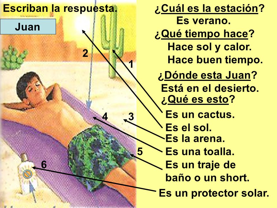 Escriban la respuesta. ¿Cuál es la estación Es verano. Juan. ¿Qué tiempo hace Hace sol y calor. Hace buen tiempo.