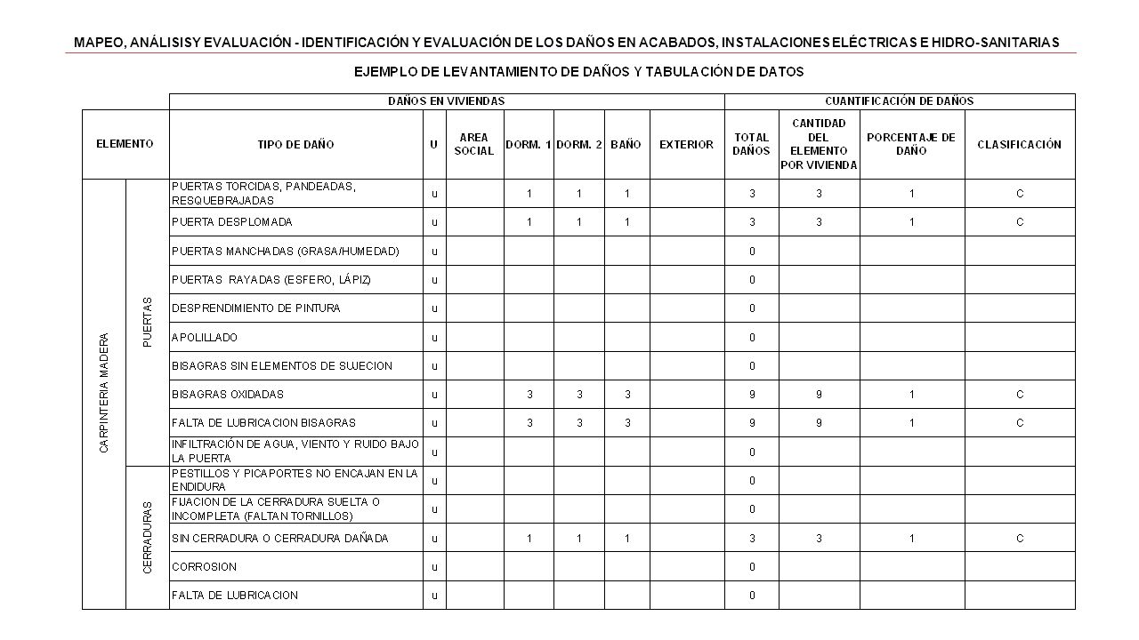 MAPEO, ANÁLISISY EVALUACIÓN - IDENTIFICACIÓN Y EVALUACIÓN DE LOS DAÑOS EN ACABADOS, INSTALACIONES ELÉCTRICAS E HIDRO-SANITARIAS