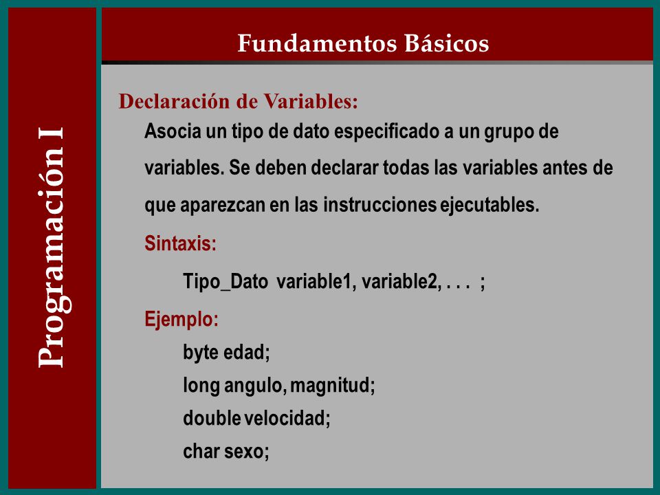 Programación I Fundamentos Básicos Declaración de Variables: