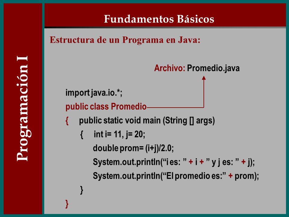 Programación I Fundamentos Básicos Estructura de un Programa en Java: