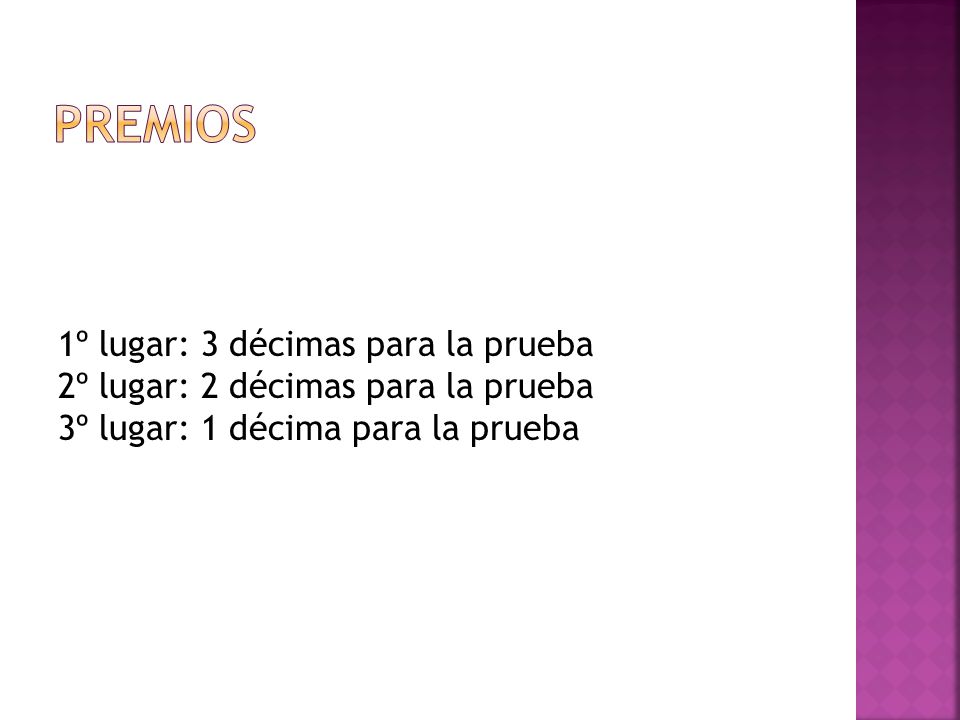 premios 1º lugar: 3 décimas para la prueba 2º lugar: 2 décimas para la prueba 3º lugar: 1 décima para la prueba.