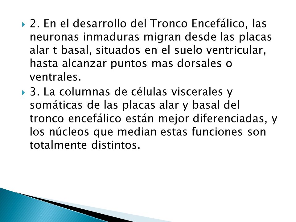 2. En el desarrollo del Tronco Encefálico, las neuronas inmaduras migran desde las placas alar t basal, situados en el suelo ventricular, hasta alcanzar puntos mas dorsales o ventrales.