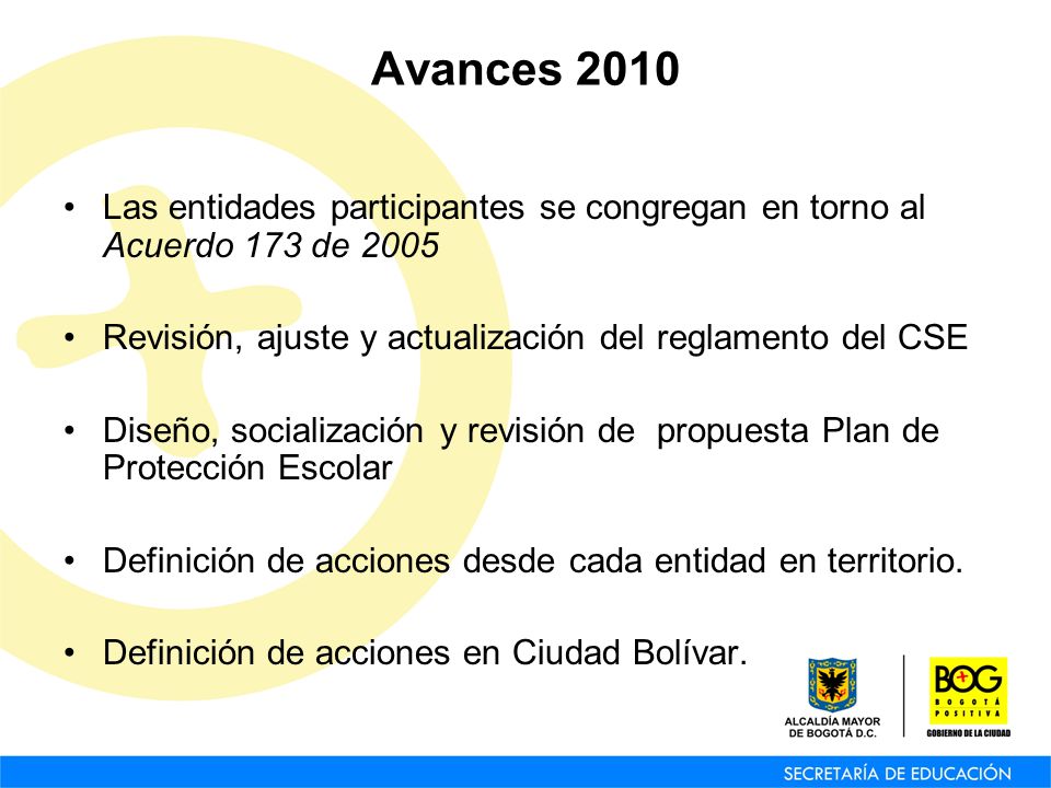 Avances 2010 Las entidades participantes se congregan en torno al Acuerdo 173 de Revisión, ajuste y actualización del reglamento del CSE.