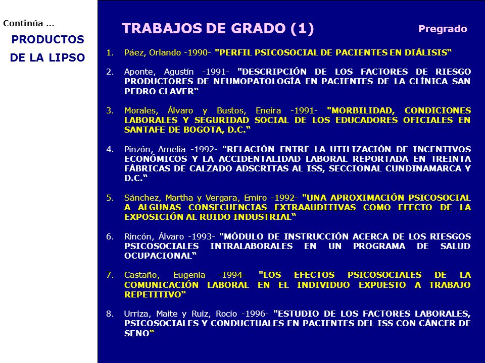TRABAJOS DE GRADO (1) PRODUCTOS DE LA LIPSO Pregrado Continúa …