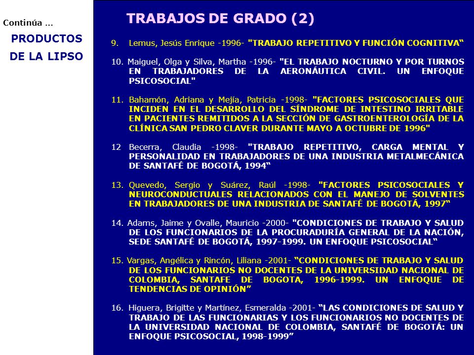 TRABAJOS DE GRADO (2) PRODUCTOS DE LA LIPSO Continúa …